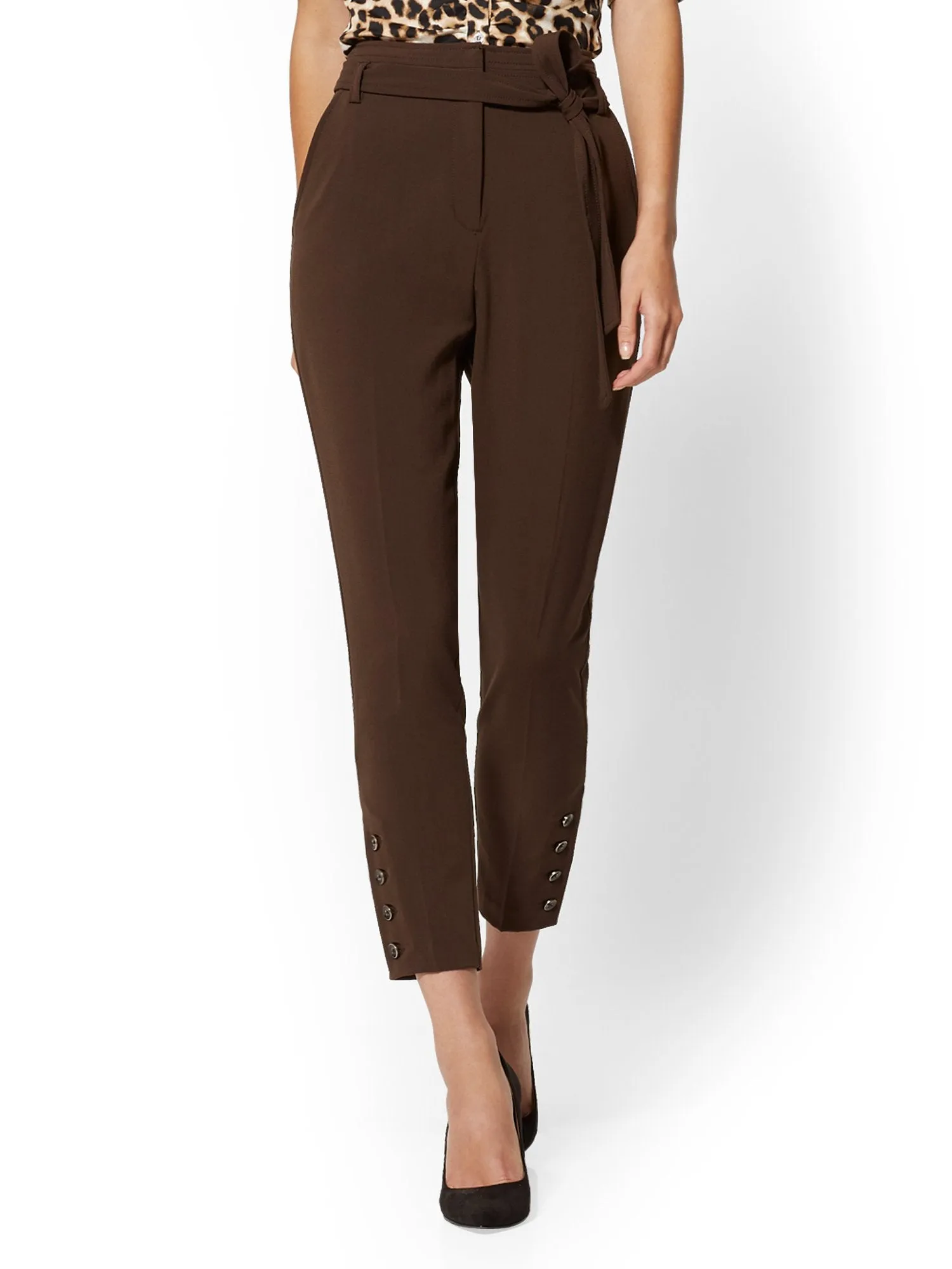 Button-Accent Belted Slim Pant - Double Stretch - 7th Avenue