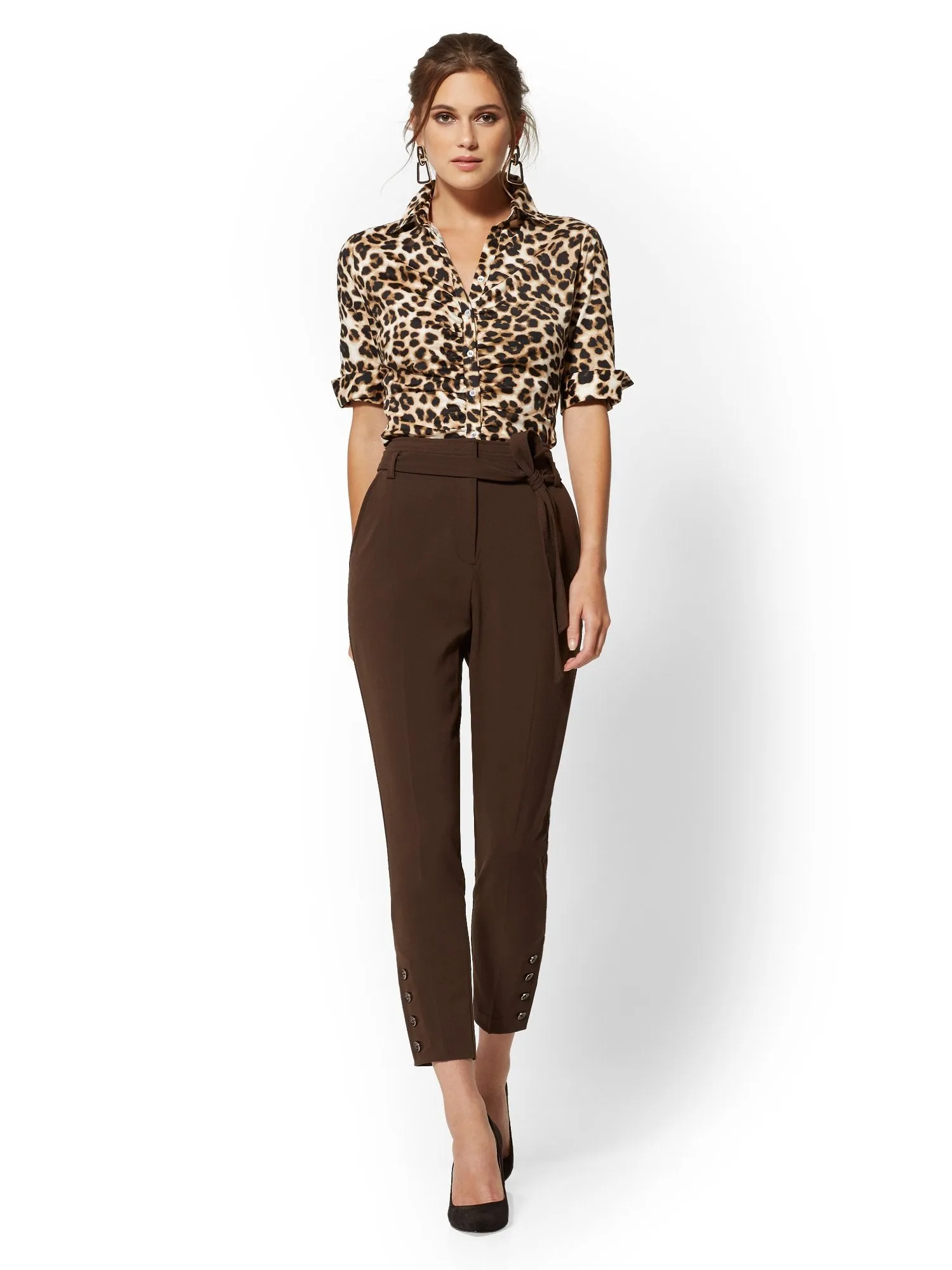 Button-Accent Belted Slim Pant - Double Stretch - 7th Avenue