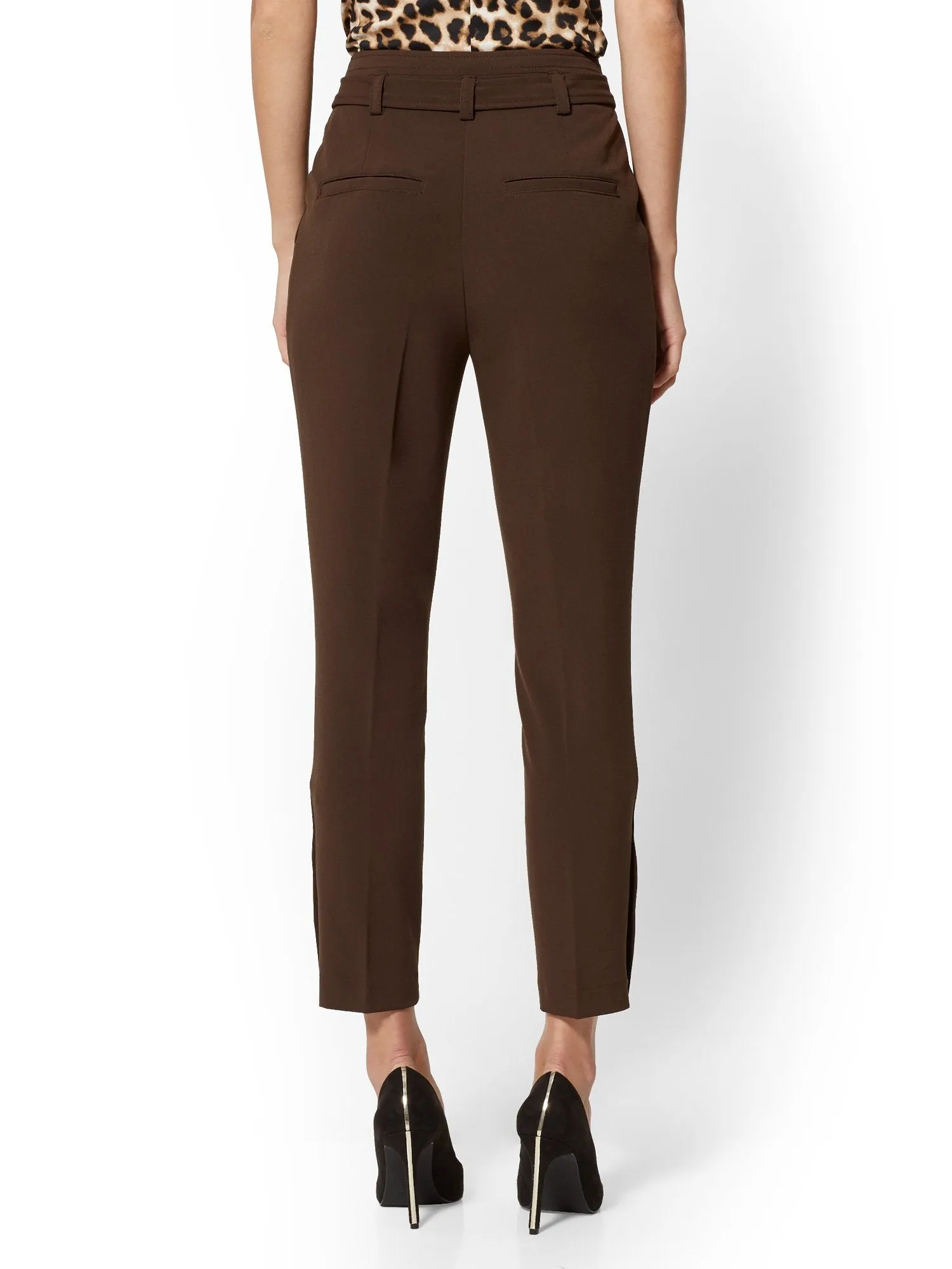 Button-Accent Belted Slim Pant - Double Stretch - 7th Avenue