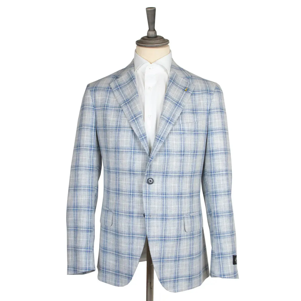 Cream & Blue Check Cotton, Linen, & Wool Jacket