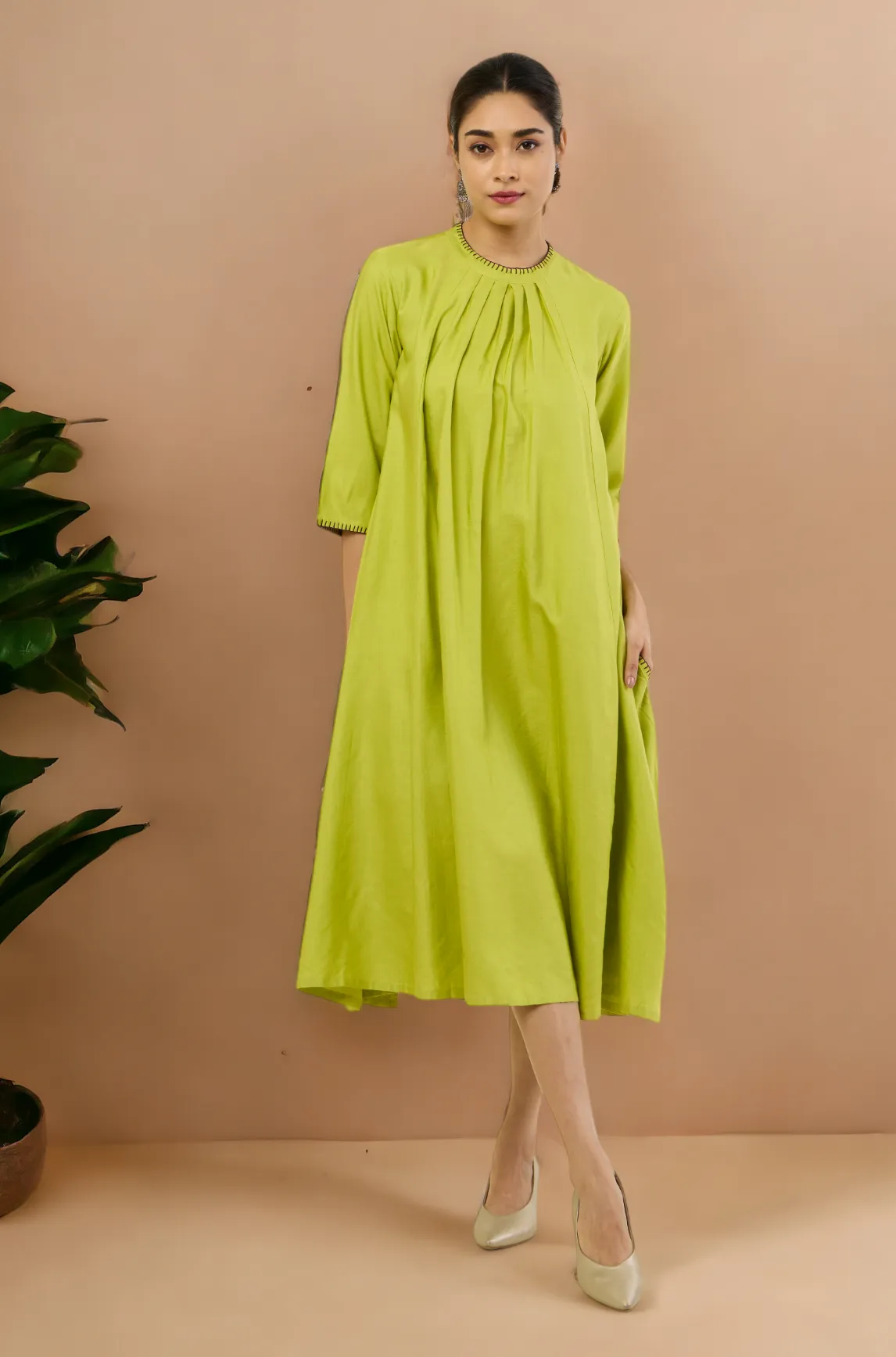 crew neck silk pleated dress - glinting lime & silk radiance