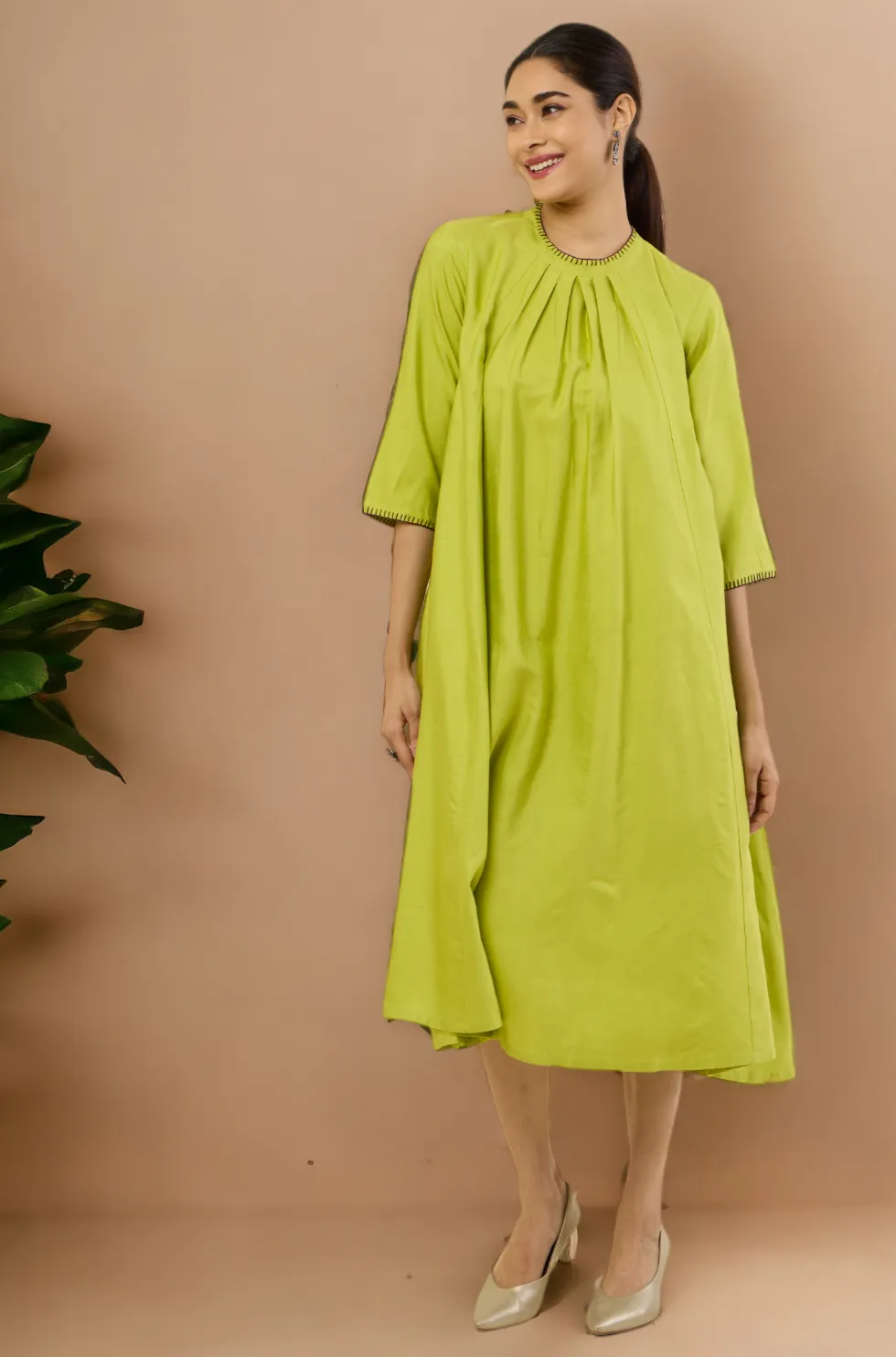 crew neck silk pleated dress - glinting lime & silk radiance