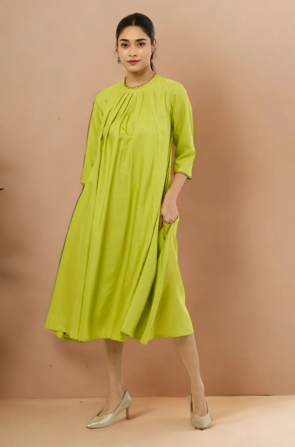 crew neck silk pleated dress - glinting lime & silk radiance