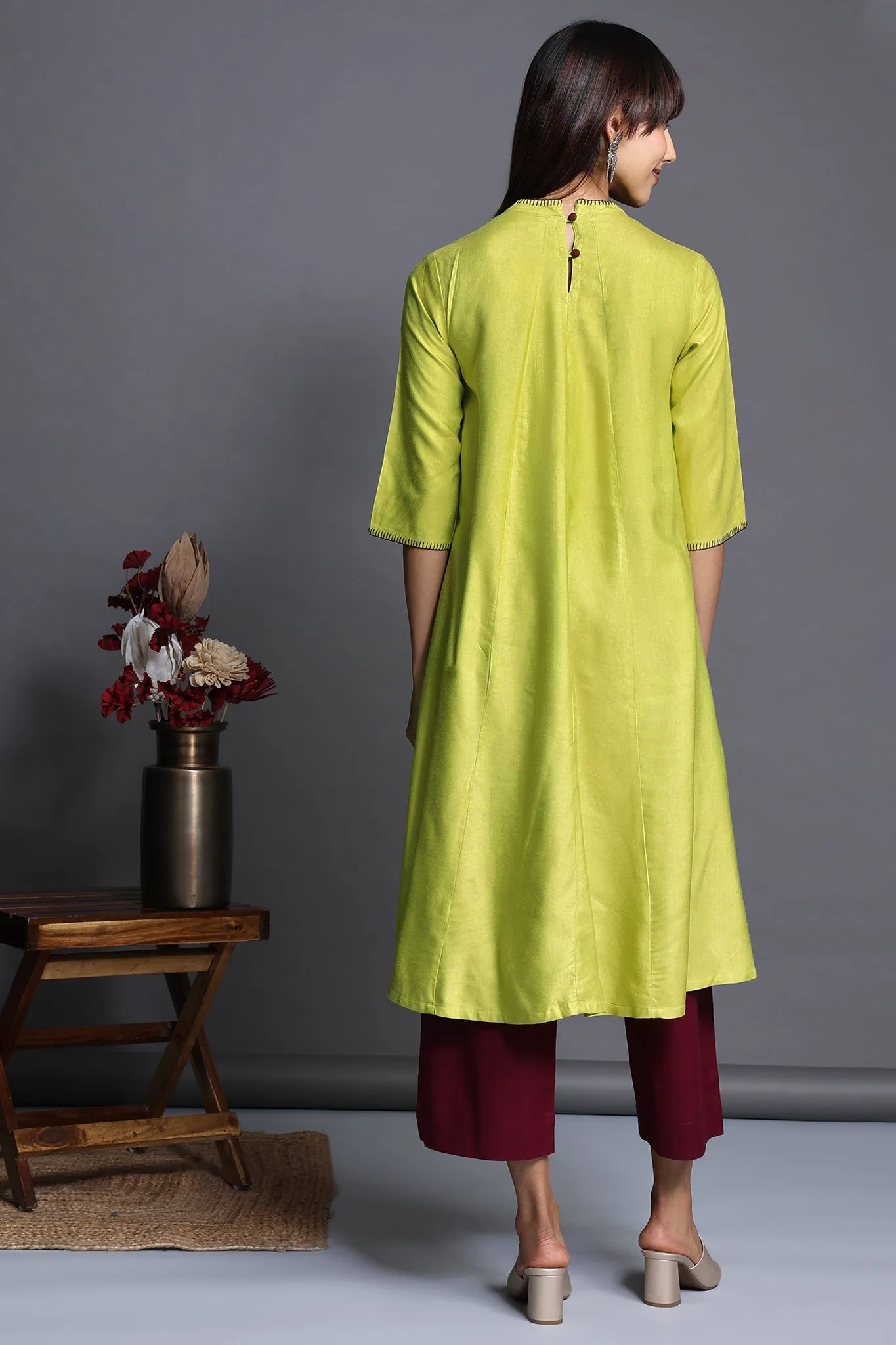 crew neck silk pleated dress - glinting lime & silk radiance