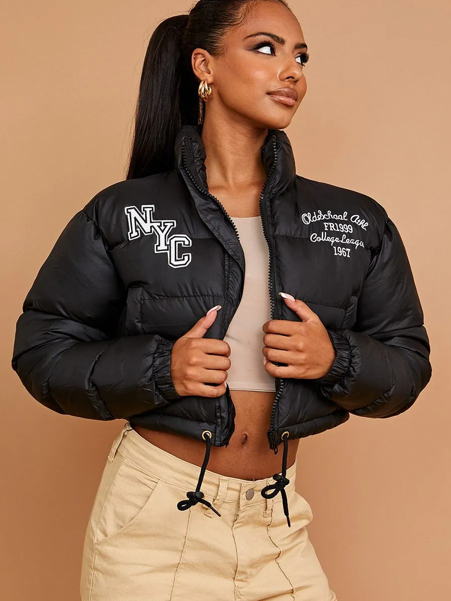 Emy NYC Embroidered Cropped Puffer Jacket In Black