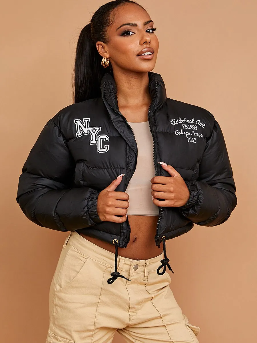 Emy NYC Embroidered Cropped Puffer Jacket In Black