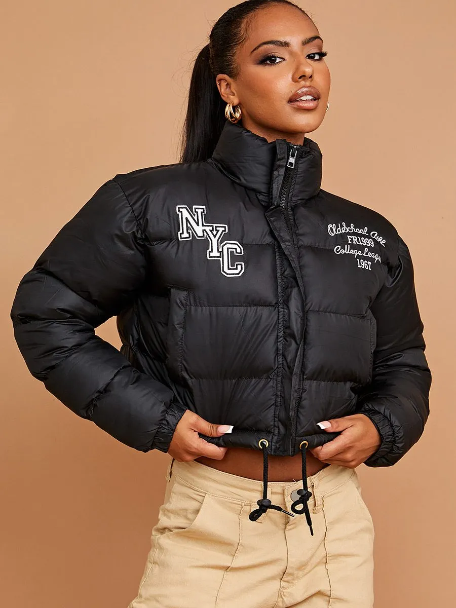 Emy NYC Embroidered Cropped Puffer Jacket In Black