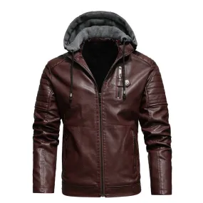 Hooded Slim Fit PU Leather Warm Jacket For Men