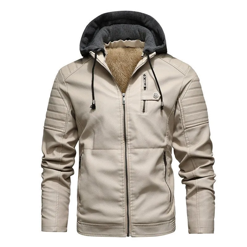 Hooded Slim Fit PU Leather Warm Jacket For Men