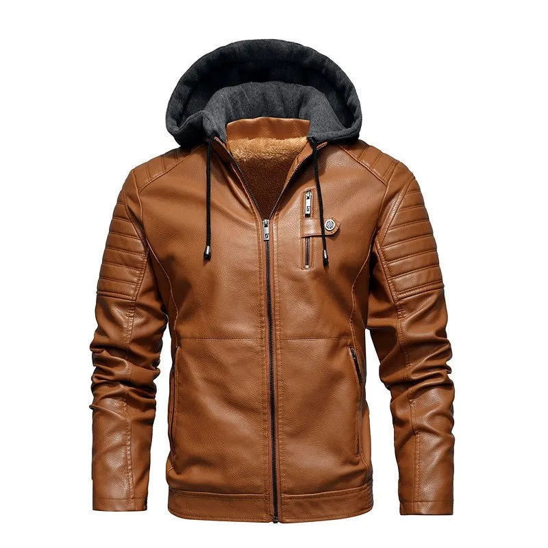 Hooded Slim Fit PU Leather Warm Jacket For Men