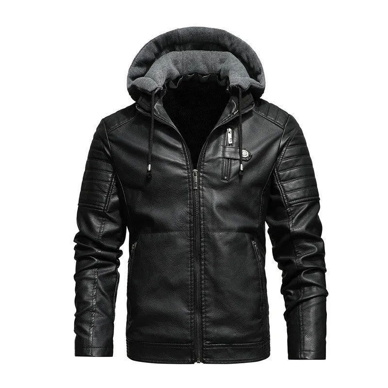 Hooded Slim Fit PU Leather Warm Jacket For Men