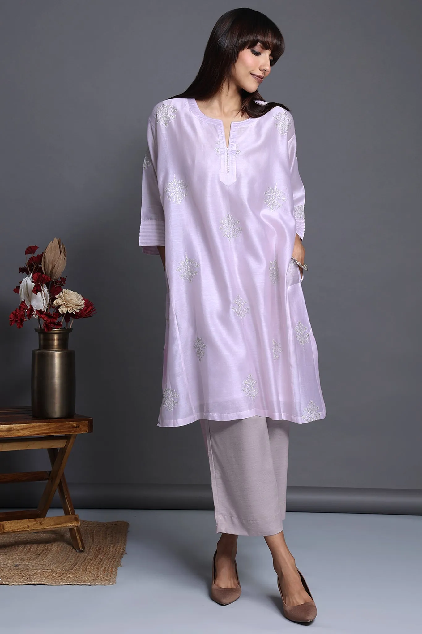 leisure chanderi silk kalidar tunic - blushing rose & silvery blooms