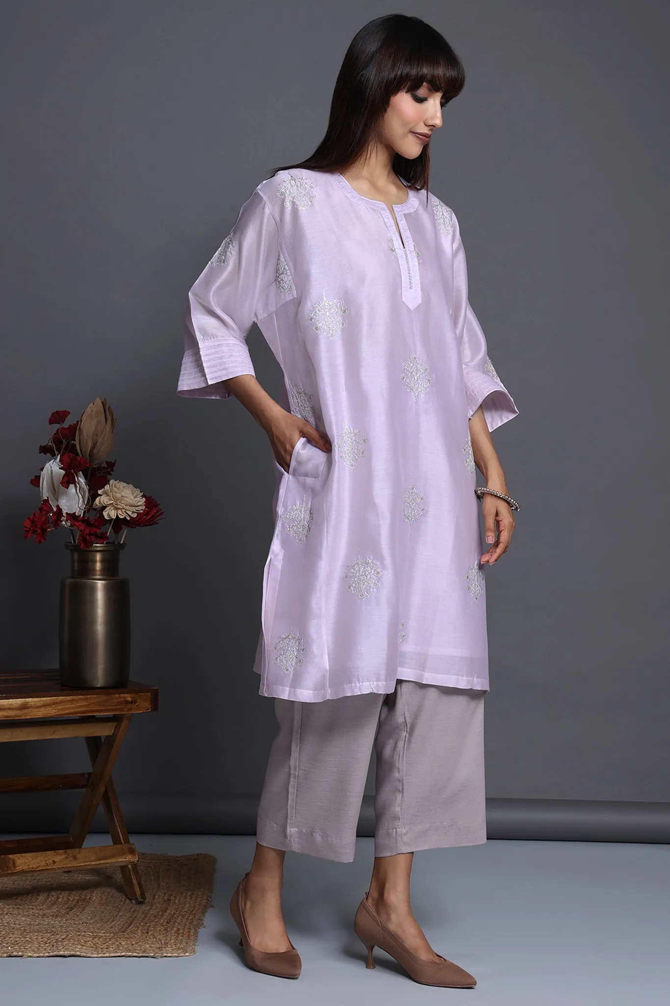 leisure chanderi silk kalidar tunic - blushing rose & silvery blooms