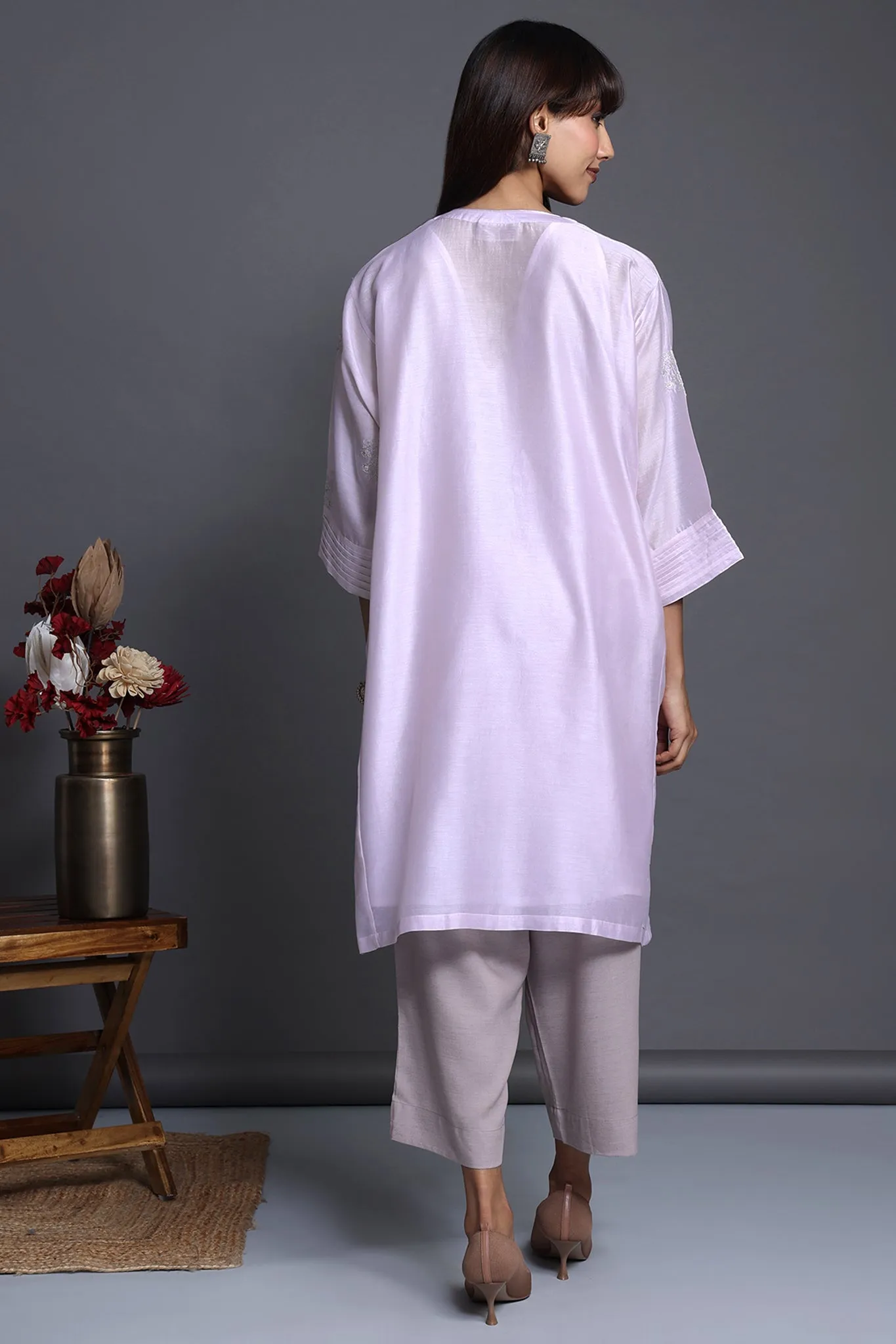 leisure chanderi silk kalidar tunic - blushing rose & silvery blooms