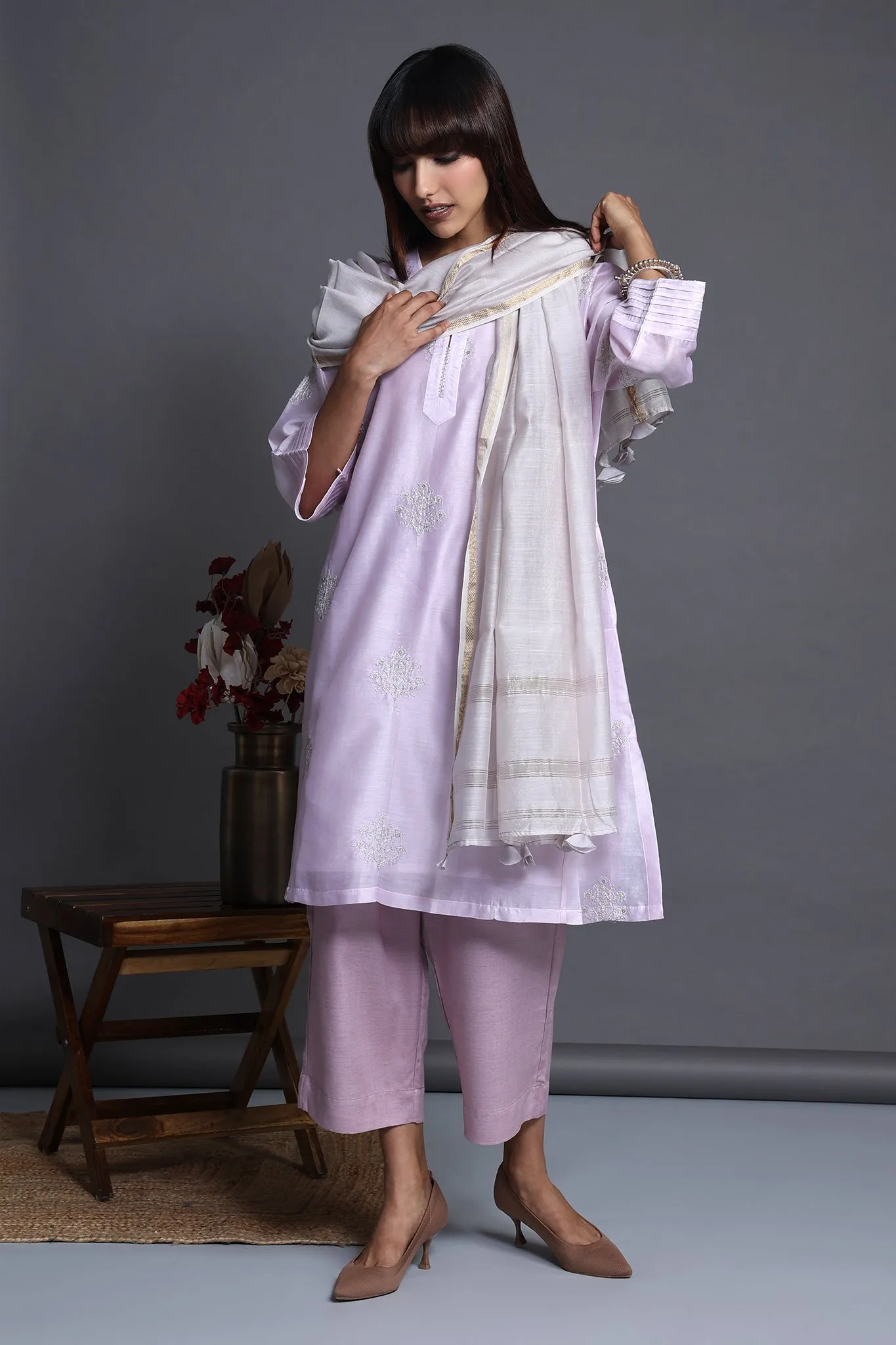 leisure chanderi silk kalidar tunic - blushing rose & silvery blooms