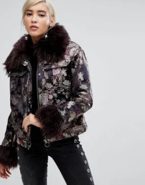 Lost Ink Jacket In Metallic Brocade With Faux Fur Trim