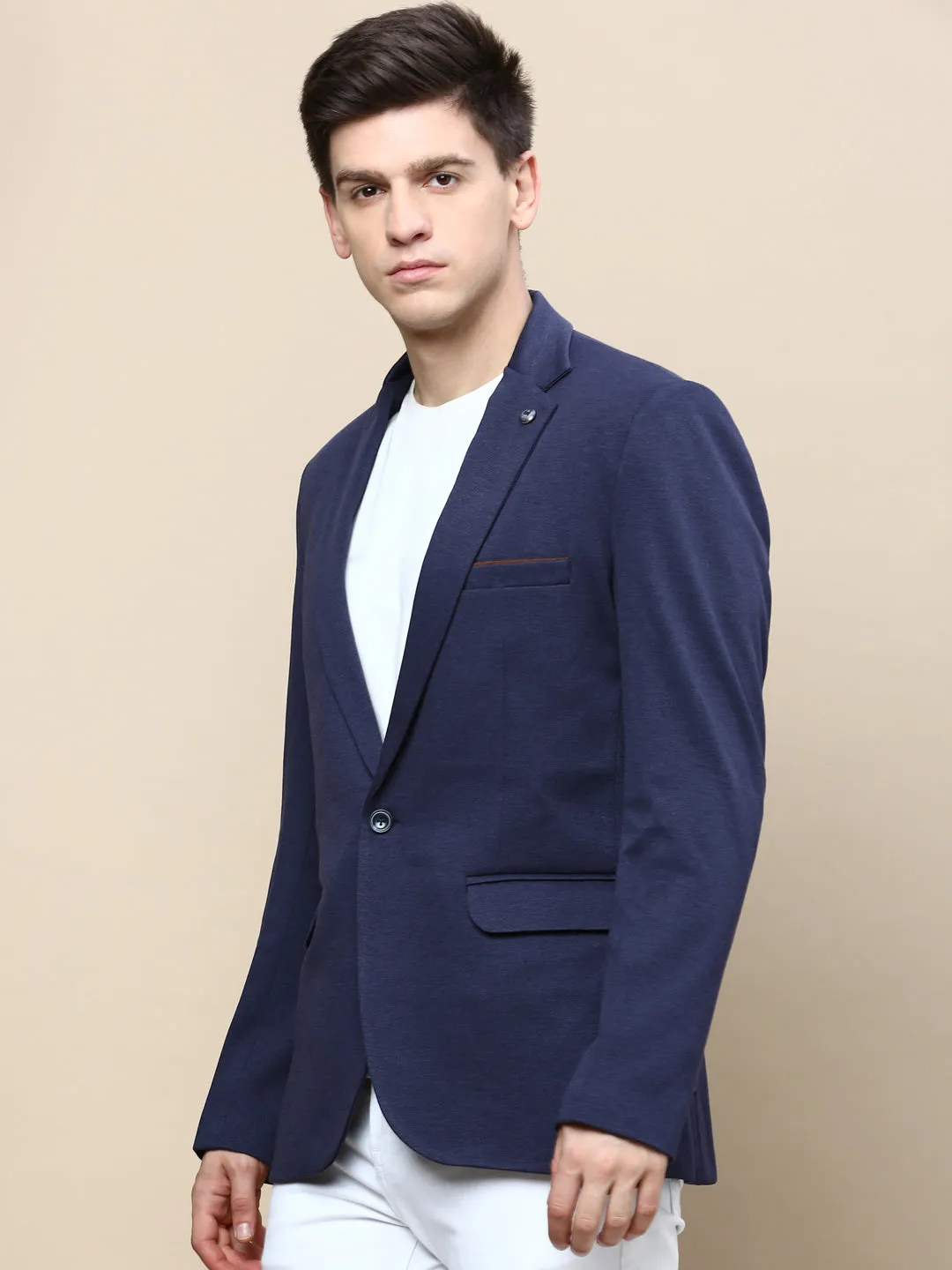 Men Navy Solid Casual Blazers