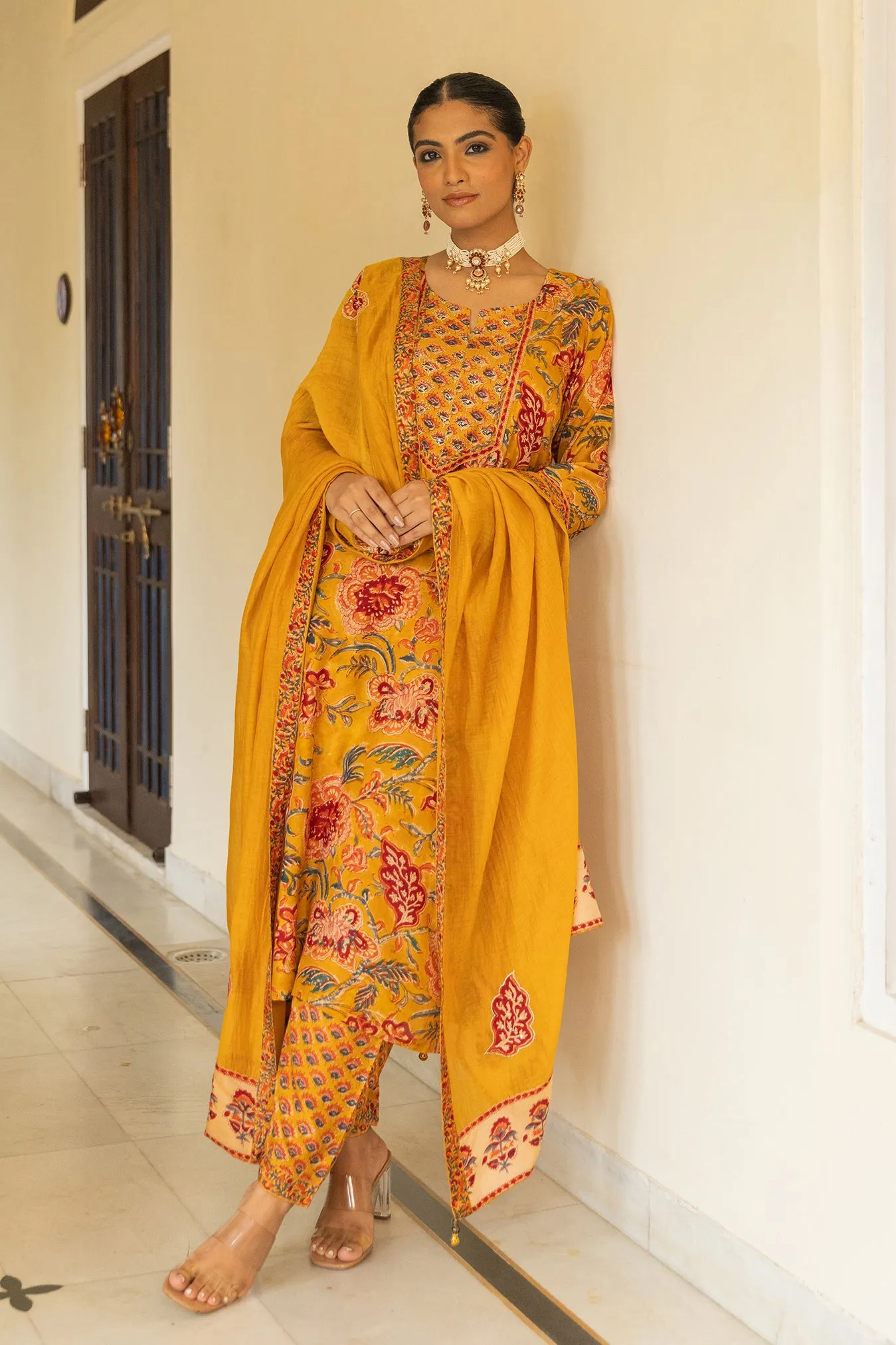 Soft Muslin Printed Yellow Suit Set With Embroidered Yoke