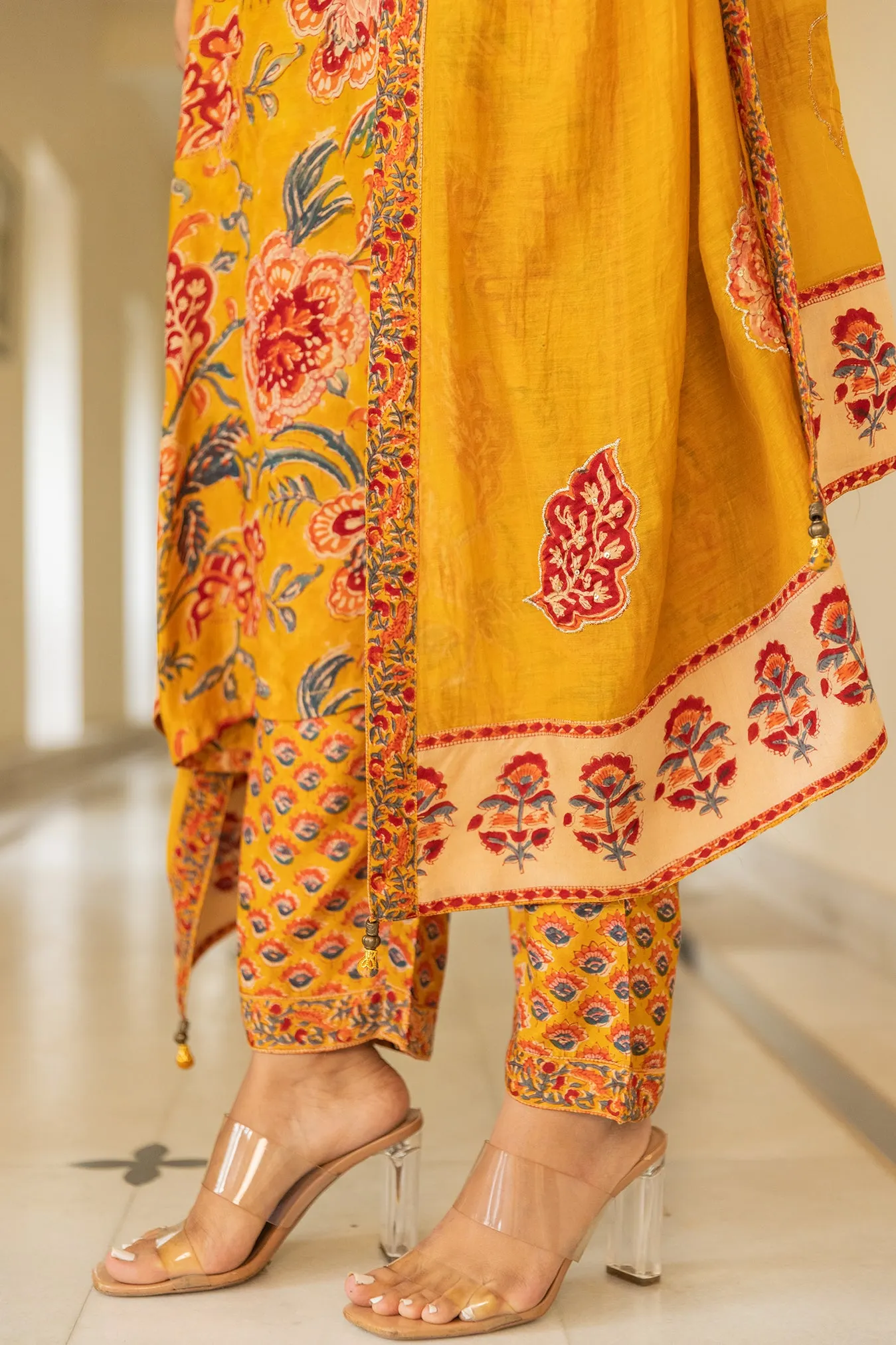 Soft Muslin Printed Yellow Suit Set With Embroidered Yoke