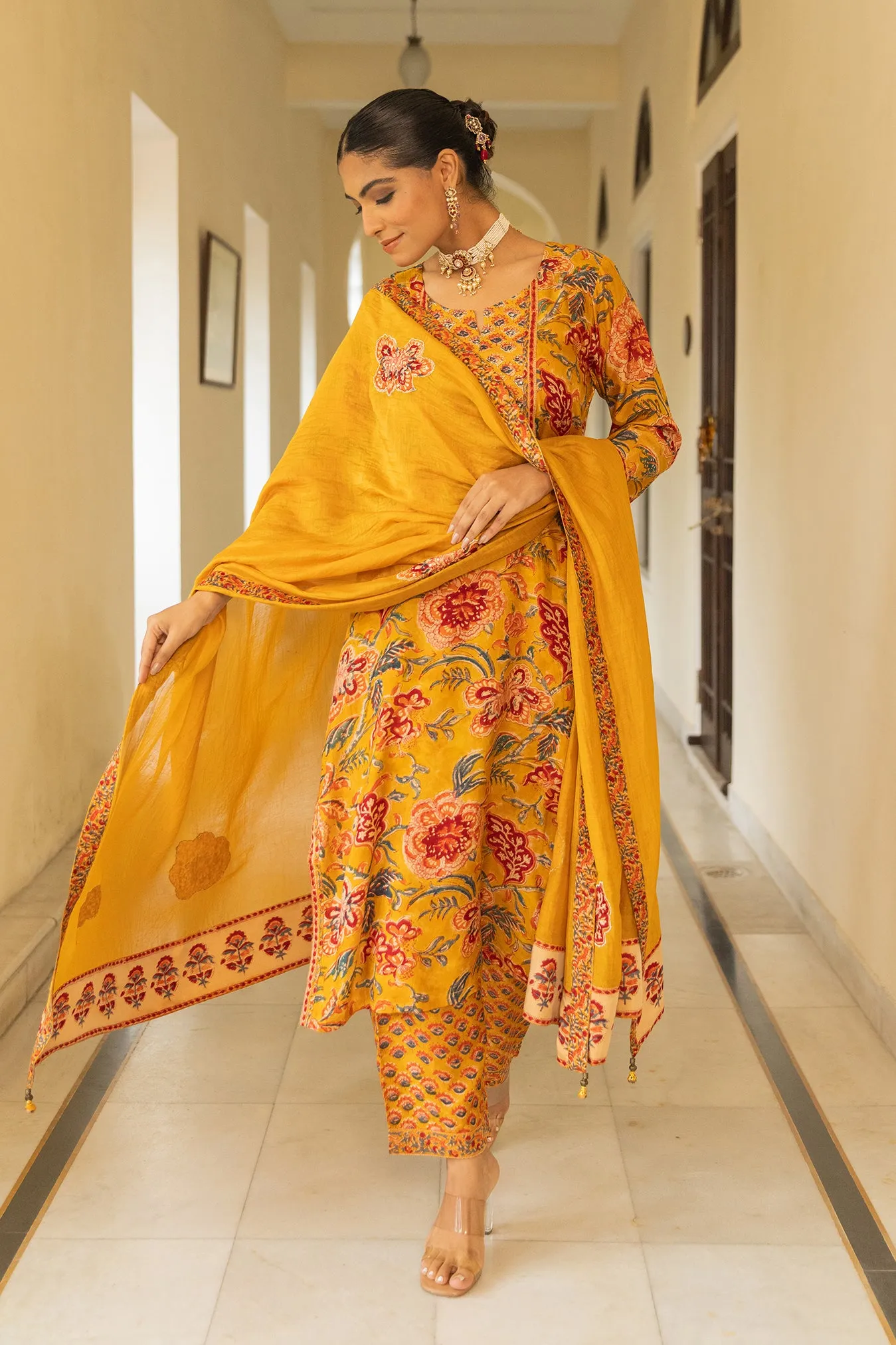 Soft Muslin Printed Yellow Suit Set With Embroidered Yoke