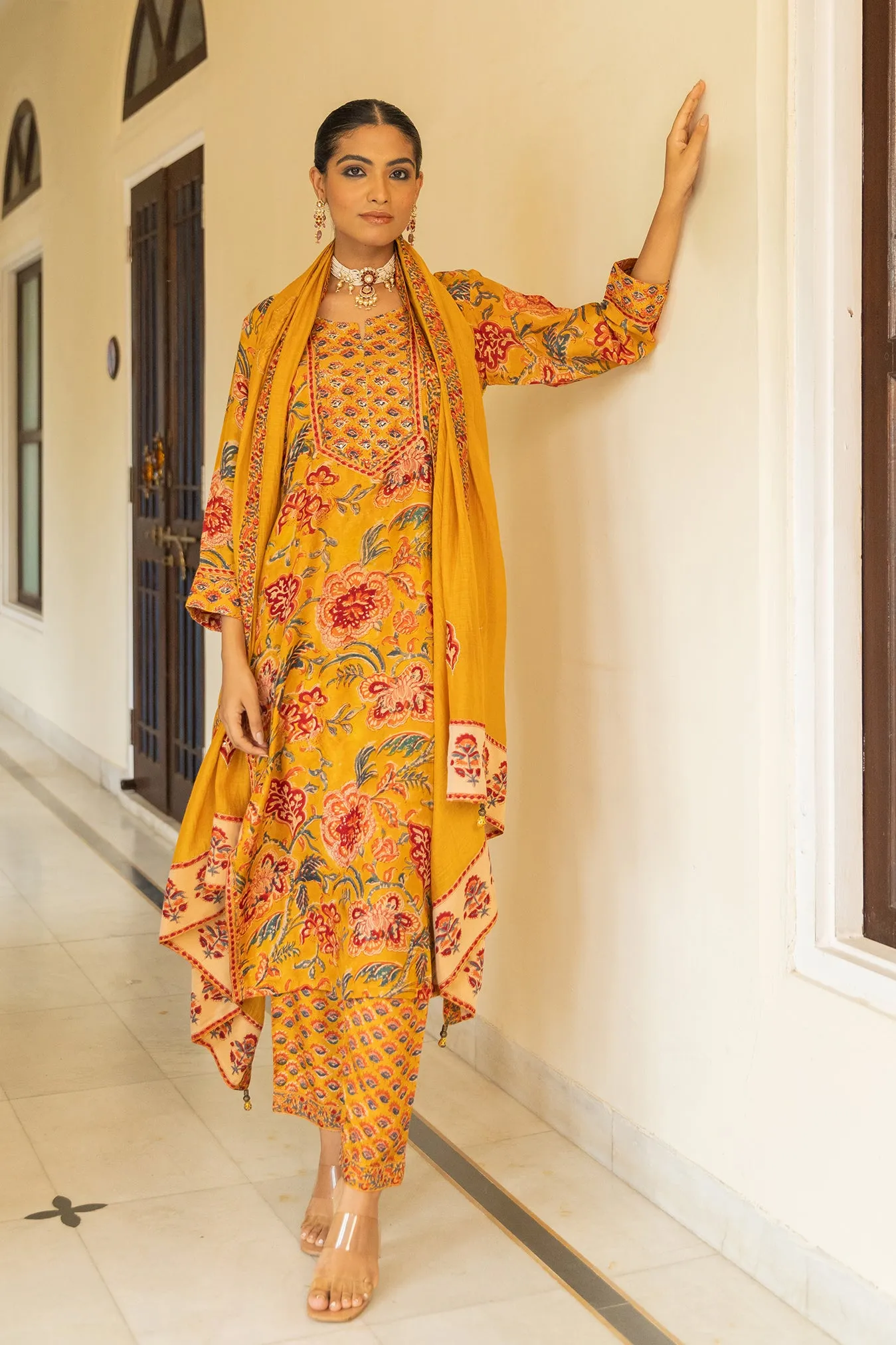 Soft Muslin Printed Yellow Suit Set With Embroidered Yoke