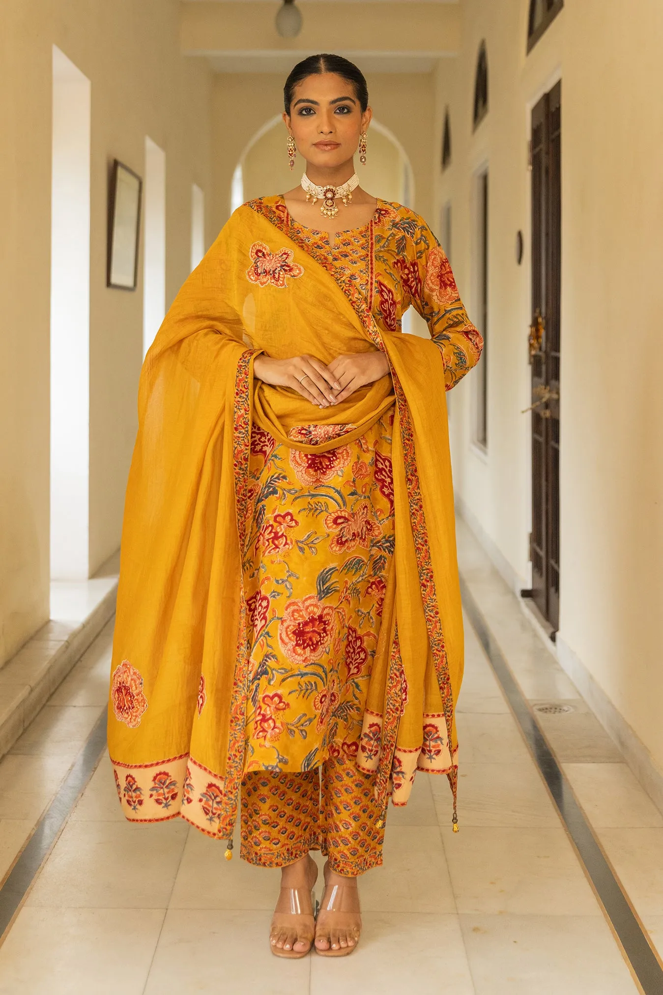 Soft Muslin Printed Yellow Suit Set With Embroidered Yoke