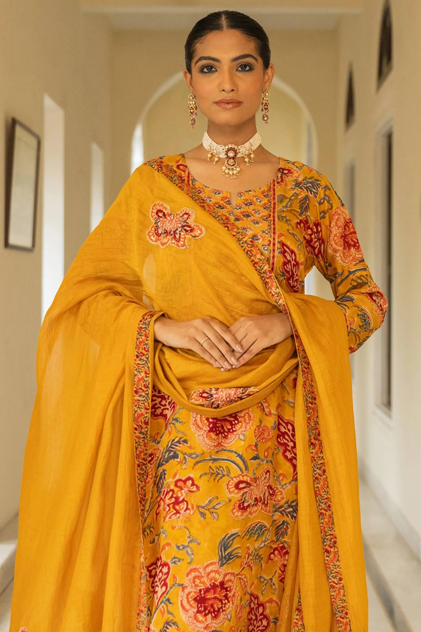 Soft Muslin Printed Yellow Suit Set With Embroidered Yoke