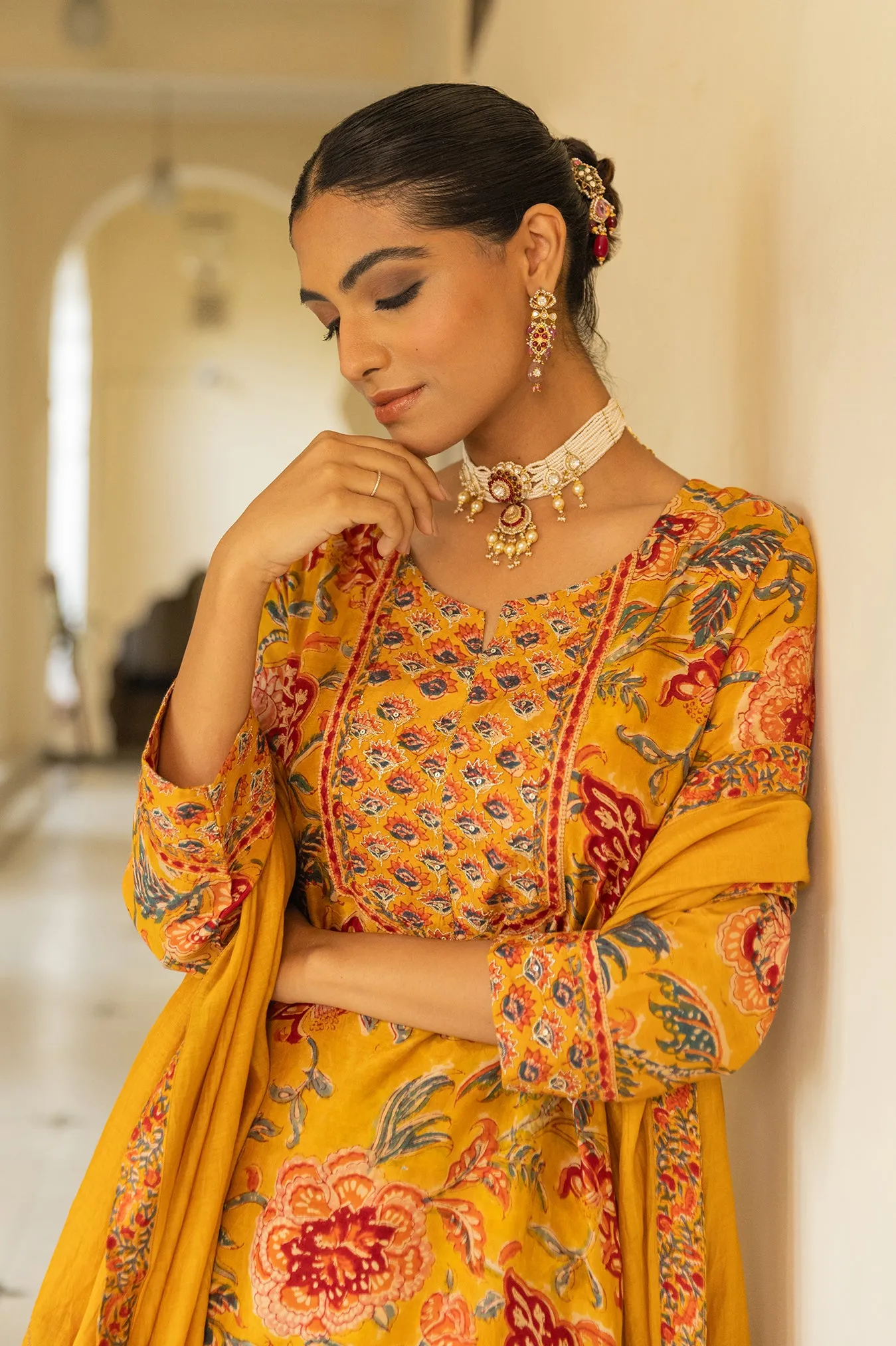 Soft Muslin Printed Yellow Suit Set With Embroidered Yoke