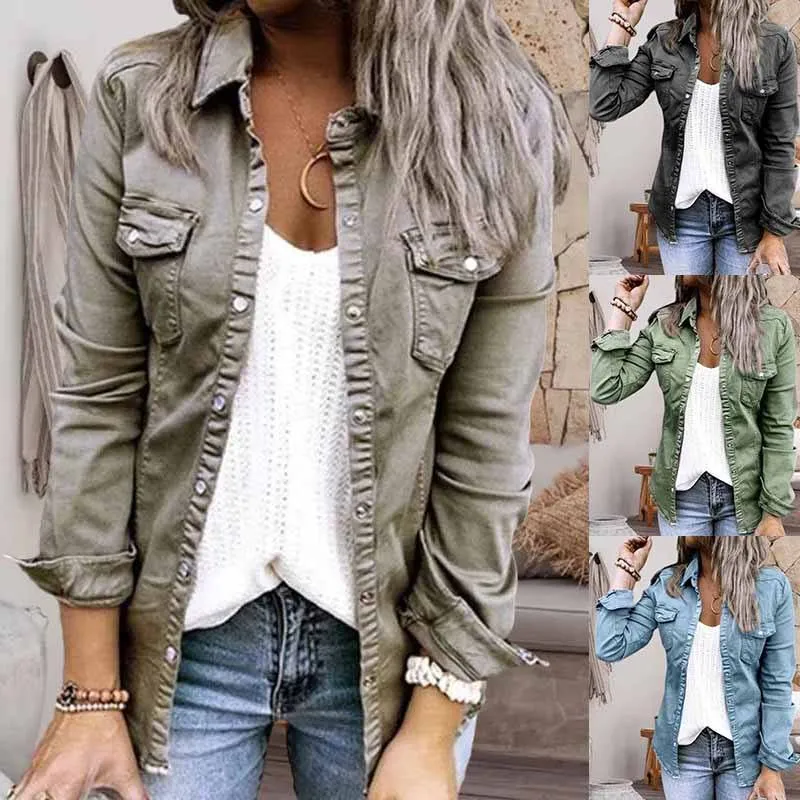 Solid Color Lapel Neck Pleated Denim Jacket