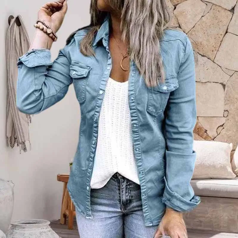 Solid Color Lapel Neck Pleated Denim Jacket