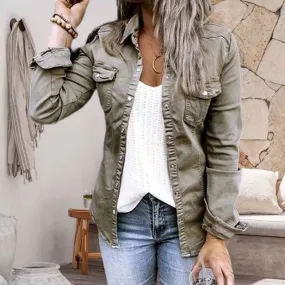 Solid Color Lapel Neck Pleated Denim Jacket