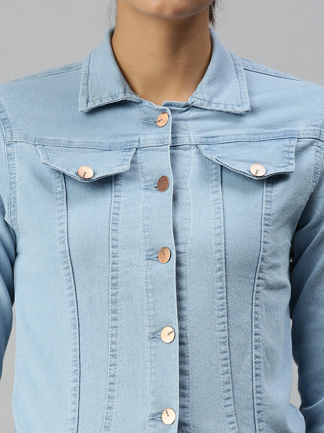 Women's Blue Solid Denim Jacket Jackets