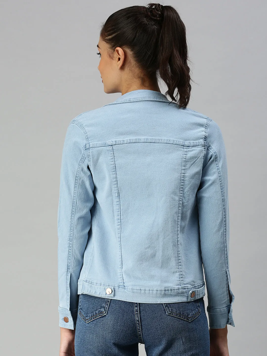 Women's Blue Solid Denim Jacket Jackets