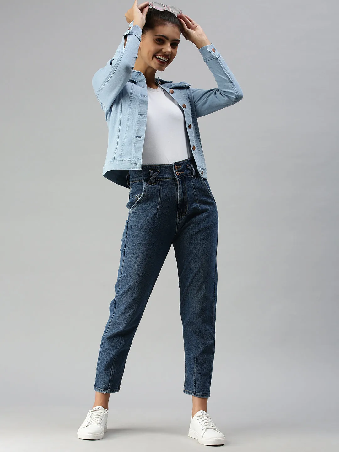 Women's Blue Solid Denim Jacket Jackets