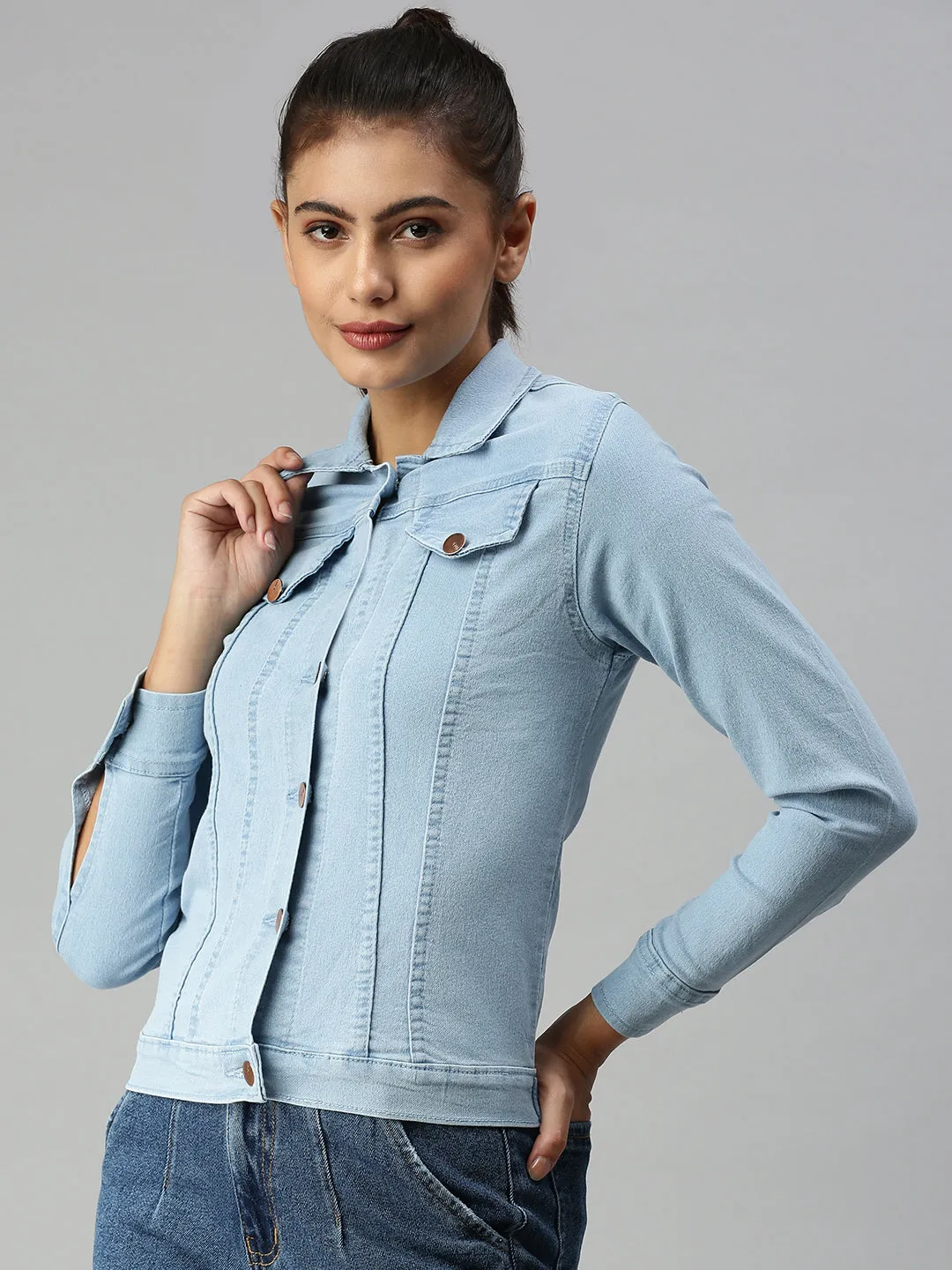 Women's Blue Solid Denim Jacket Jackets